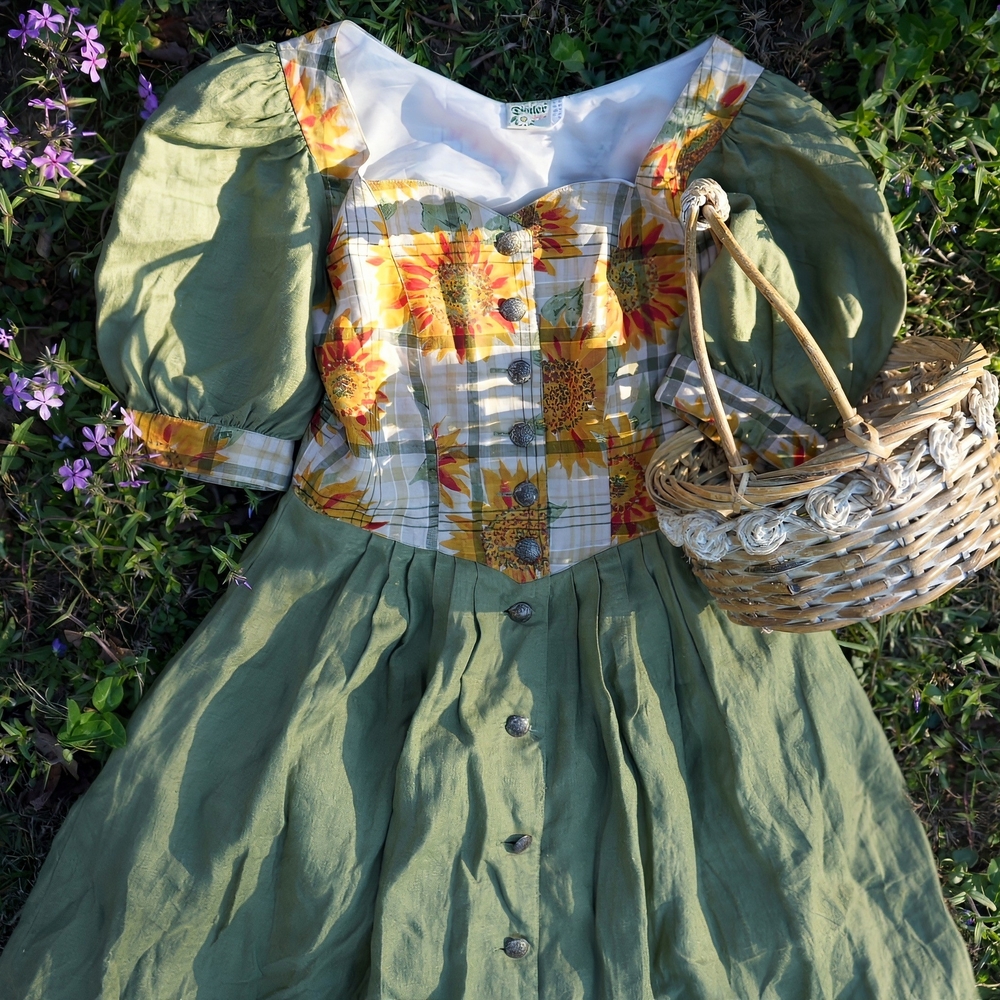Vintage Linen Maxi Dress with Sunflower Plaid Bodice, Cottagecore Dress, Dirndl
